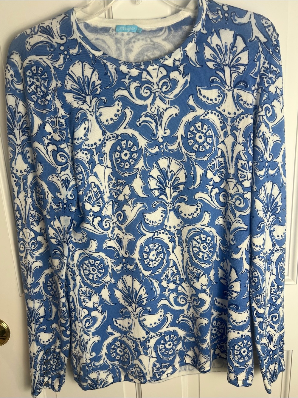 J. McLaughlin Blue and White Floral Knit Tunic Top Size M